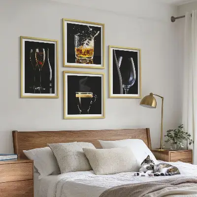 Billedsæt med ramme motiver med whisky vin champagne og kaffe