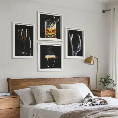Billedsæt med ramme motiver med whisky vin champagne og kaffe