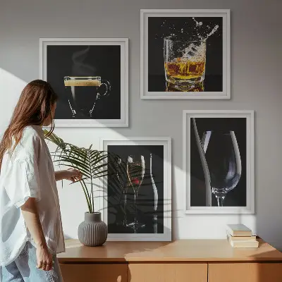 Billedsæt med ramme motiver med whisky vin champagne og kaffe