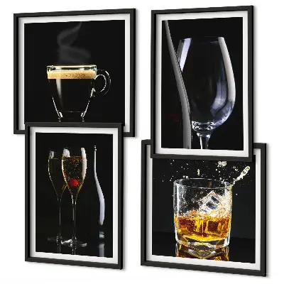 Billedsæt med ramme motiver med whisky vin champagne og kaffe