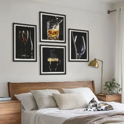 Billedsæt med ramme motiver med whisky vin champagne og kaffe