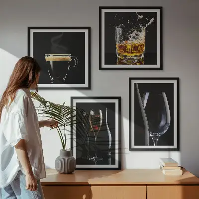 Billedsæt med ramme motiver med whisky vin champagne og kaffe