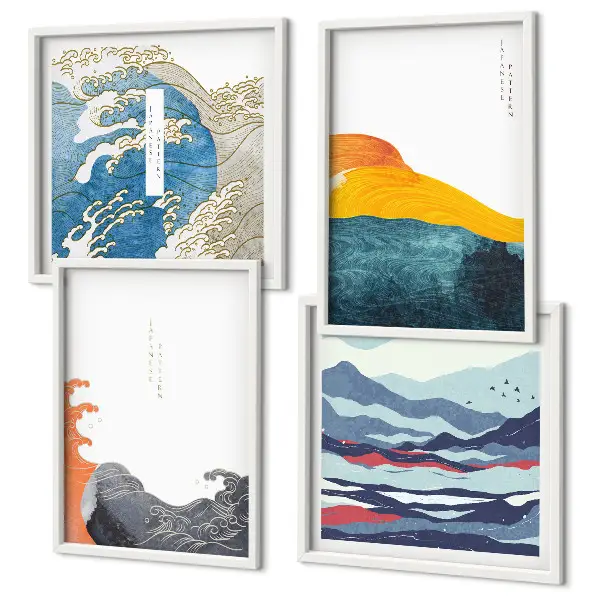 Bølger japansk kunstgrafik billedsæt med ramme