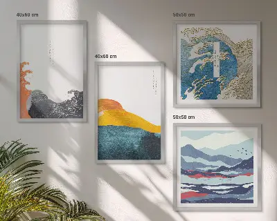 Bølger japansk kunstgrafik billedsæt med ramme