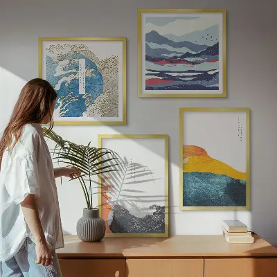 Bølger japansk kunstgrafik billedsæt med ramme