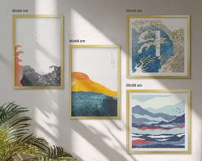 Bølger japansk kunstgrafik billedsæt med ramme