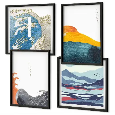 Bølger japansk kunstgrafik billedsæt med ramme
