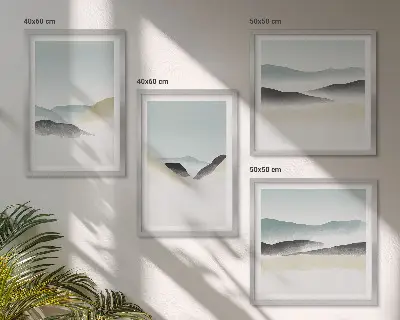 Billedvæg til over sofaen minimalistiske pastelfarvede bjerge