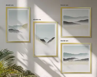 Billedvæg til over sofaen minimalistiske pastelfarvede bjerge