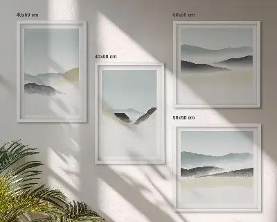 Billedvæg til over sofaen minimalistiske pastelfarvede bjerge