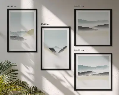 Billedvæg til over sofaen minimalistiske pastelfarvede bjerge