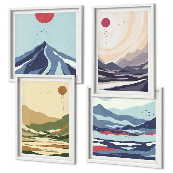 Pastelbjerge i japansk stil billedsæt med ramme
