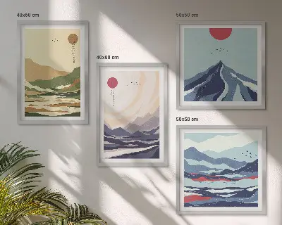 Pastelbjerge i japansk stil billedsæt med ramme