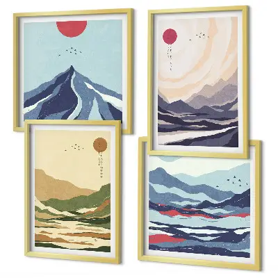 Pastelbjerge i japansk stil billedsæt med ramme