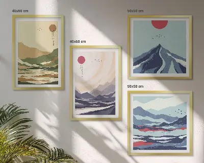 Pastelbjerge i japansk stil billedsæt med ramme