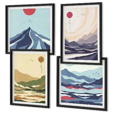 Pastelbjerge i japansk stil billedsæt med ramme