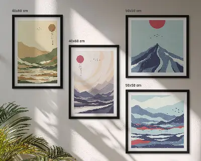Pastelbjerge i japansk stil billedsæt med ramme