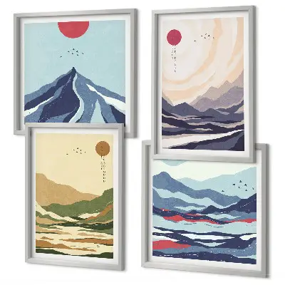 Pastelbjerge i japansk stil billedsæt med ramme