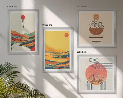 Billedvæg over sofa med farverige japandi-inspirerede bjergmotiver