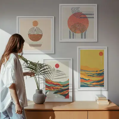 Billedvæg over sofa med farverige japandi-inspirerede bjergmotiver