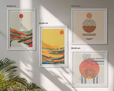 Billedvæg over sofa med farverige japandi-inspirerede bjergmotiver