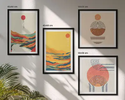 Billedvæg over sofa med farverige japandi-inspirerede bjergmotiver