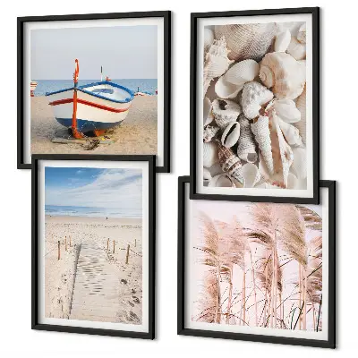 Billedvæg over sofa med strand, båd, skaller og boho-græs