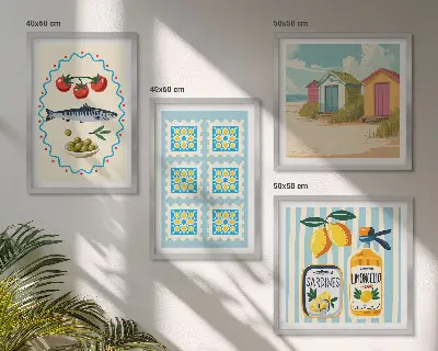 Illustrationer af middelhavskøkkenet billedvæg over sofa