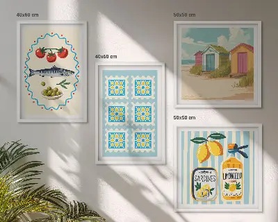 Illustrationer af middelhavskøkkenet billedvæg over sofa