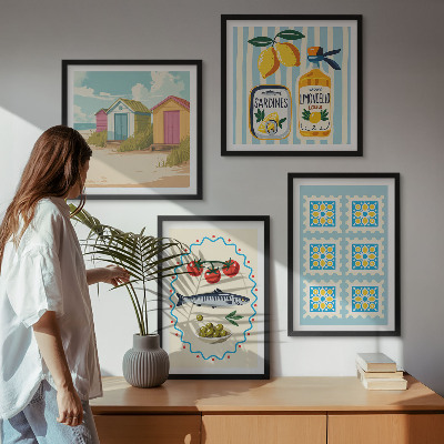 Billedvæg over sofa Illustrationer af middelhavskøkkenet
