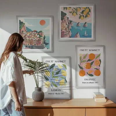 Frugtplakater med citroner og appelsiner billedvæg til ophæng over sofaen