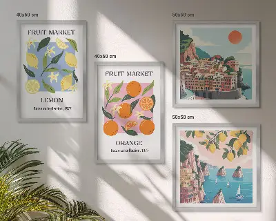 Frugtplakater med citroner og appelsiner billedvæg til ophæng over sofaen