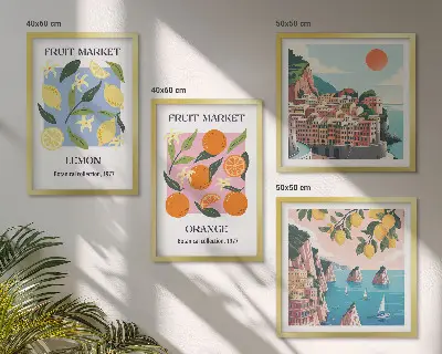 Frugtplakater med citroner og appelsiner billedvæg til ophæng over sofaen