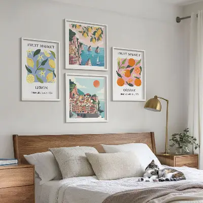 Frugtplakater med citroner og appelsiner billedvæg til ophæng over sofaen