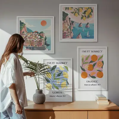 Frugtplakater med citroner og appelsiner billedvæg til ophæng over sofaen