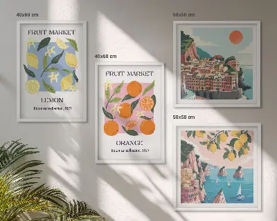 Frugtplakater med citroner og appelsiner billedvæg til ophæng over sofaen