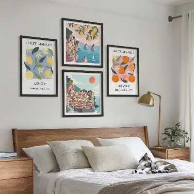Frugtplakater med citroner og appelsiner billedvæg til ophæng over sofaen