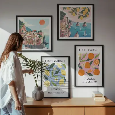 Frugtplakater med citroner og appelsiner billedvæg til ophæng over sofaen