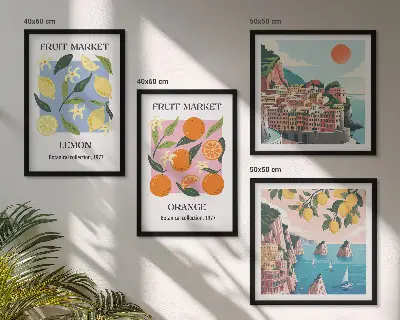 Frugtplakater med citroner og appelsiner billedvæg til ophæng over sofaen