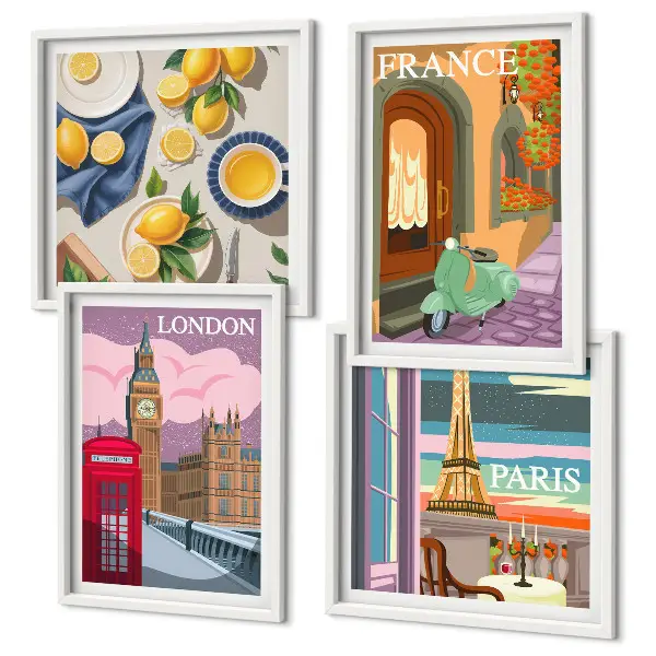 Billedsæt med ramme motiver af bylandskaber i Paris, London og Frankrig