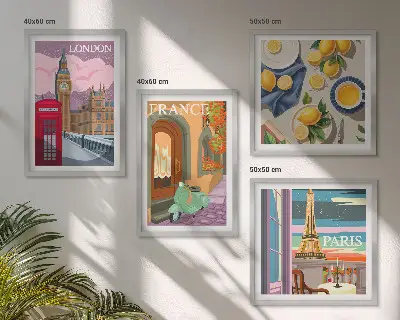 Billedsæt med ramme motiver af bylandskaber i Paris, London og Frankrig