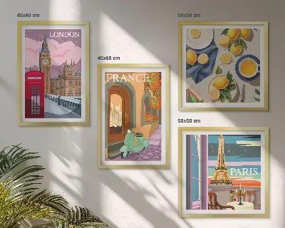 Billedsæt med ramme motiver af bylandskaber i Paris, London og Frankrig