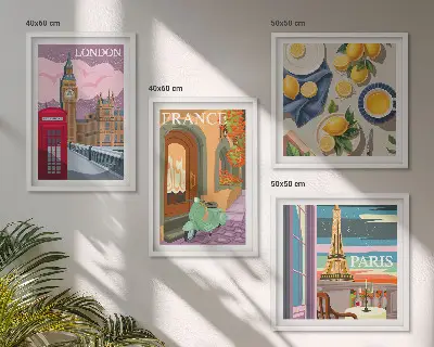 Billedsæt med ramme motiver af bylandskaber i Paris, London og Frankrig