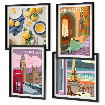 Billedsæt med ramme motiver af bylandskaber i Paris, London og Frankrig