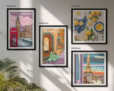 Billedsæt med ramme motiver af bylandskaber i Paris, London og Frankrig