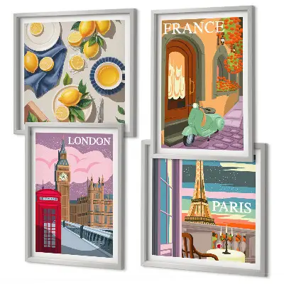 Billedsæt med ramme motiver af bylandskaber i Paris, London og Frankrig