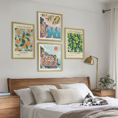 Billedvæg over sofa Frugtmønstre vintage plakater