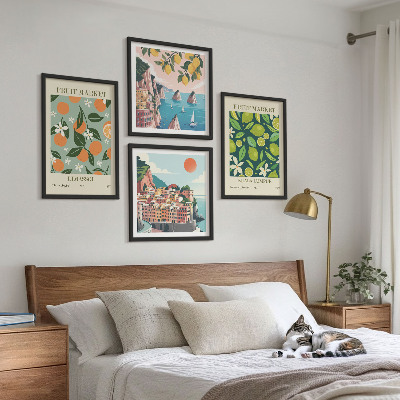 Billedvæg over sofa Frugtmønstre vintage plakater