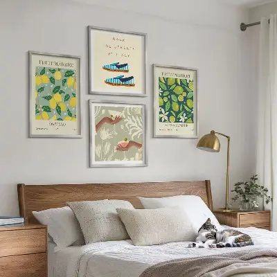 Italienske plakater med frugtmønstre billedvæg til over sofaen