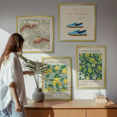 Italienske plakater med frugtmønstre billedvæg til over sofaen